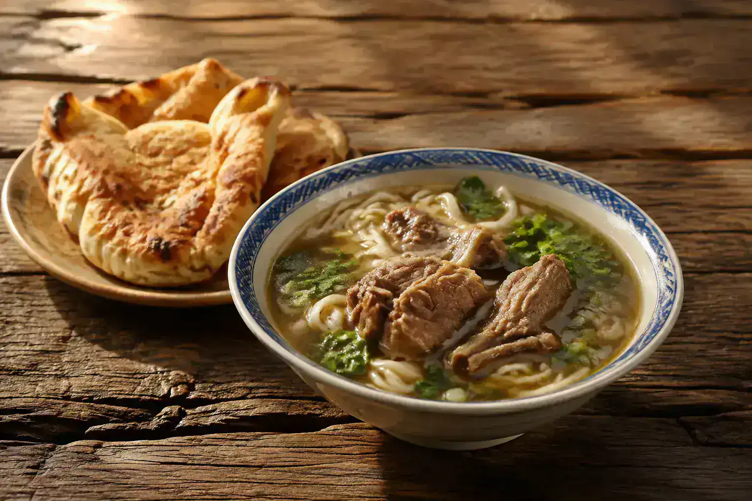 Donkey meat noodles and lamb skewers at a Gansu restaurant