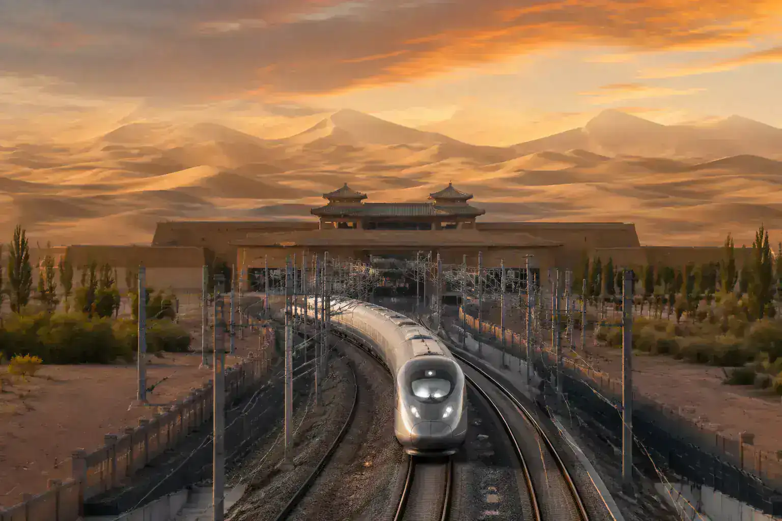 High-speed train crossing the Gobi Desert on the Dunhuang to Jiuquan route