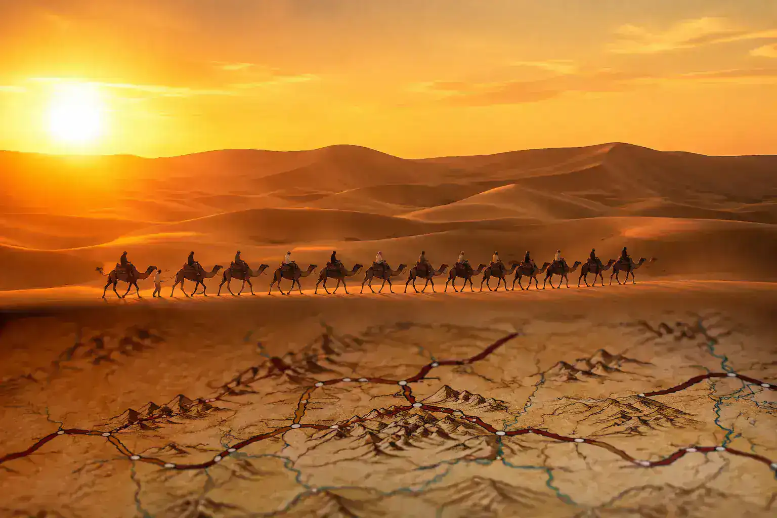 Camel caravan crossing the desert between Dunhuang's attractions